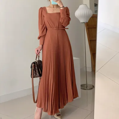 Elegant Square Collar Dresses Woman Belt Lantern Sleeve High Waist Pleat Dress Woman Clothing Korean Business Maxi Dress Female