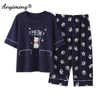 Plus Size 2 Piece Set Women 4xl 5xl Summer Sleepwear Cotton Loose Size Cartoon Printing Pijamas Womans Big Size Home Clothing