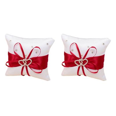 2X Ring Pillow for Wedding Ring Pillow with Satin Ribbons Red + White 10 cm x 10 cm