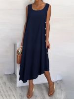 【YF】 2023 Womens Summer Long Dress Fashion Beach Sleeveless Vest Maxi Celmia Casual Asymmetrical Sundress Solid Loose Robes