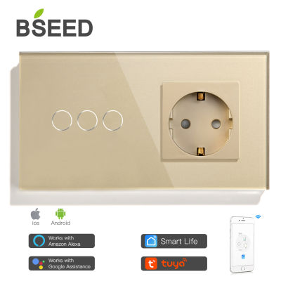 BSEED Mvava Wifi Touch Switch 1Gang 2Gang 3Gang With Normal EU Socket Without Wifi 3 Color Crystal Glass Panel Smart Switch Only
