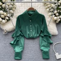 2023 Spring and Autumn New Korean Style Fashion All-match Trend Slim Lotus Leaf Sleeve Long-sleeved Design Sense Shirt Women