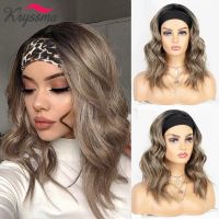 kryssma Ash Blonde Headband Wig Ombre Blonde Short Wavy Synthetic Wigs for Black Women Full Machine Made Cosplay Daily Use Bob