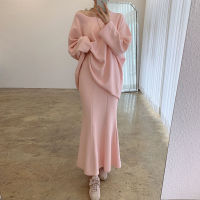 Lazy Casual Autumn Loose Long Sleeve Off The Shoulder Hoodies Pullovers Top High Waist Mermaid Skirt Solid Sets Fashion Wild