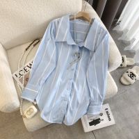 Striped Shirt with Diamond Strap and Hanging Neck Design, Light Color Versatile Temperament, Single Breasted Pocket Shirt