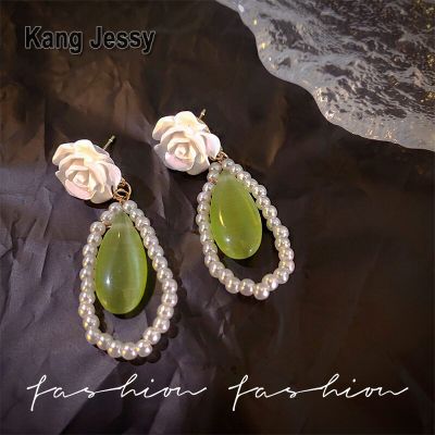 Kang Jessy ต่างหูโอปอลสีเขียววินเทจสไตล์ฝรั่งเศสต่างหูมุกดอกคามิเลียแฟชั่นเข้าชุดง่ายเข็มเงินแบบยาว