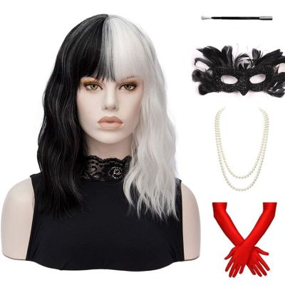 【jw】☋◑  Cruella De Vil Kuila Half Short Curly Hair Bangs Bob Costume Synthetic Ladies Wig Accessories