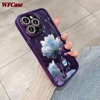 WFCase สำหรับ iPhone 15 14 Pro Max 13 Pro Max 12 Pro Max 11 Pro Max Plus Blue ดอกไม้ (+ ฟิล์มเลนส์) เคสเลนส์โทรศัพท์เพชรสีชมพูกรอบป้องกันกล้องแบบเต็ม