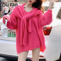 DU YAN เสื้อสเวตเตอร์สีแดงกุหลาบมีฮู้ด,เสื้อสเวตเตอร์ยาวปานกลางแขนยาวทรงหลวมสำหรับเสื้อนอก