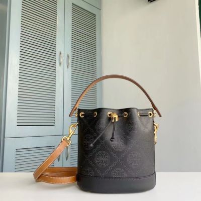 2023 new Tory Burch T Monogram Series Two Sizes Punched Leather Bucket Bag Tote Single Shoulder Bag Crossbody bag
