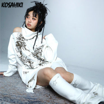 KOSAHIKI Fashion Printing Women Off Shoulder Long-sleeved Hoodie Jacket Loose Streetwear Y2K Pullover Harajuku Sweatshirt