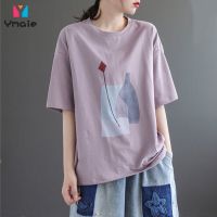 ◘ Pure Cotton Retro Printed Round Neck Short-sleeved T-shirt Womens Plus Size Loose Half-sleeved Casual Top Women