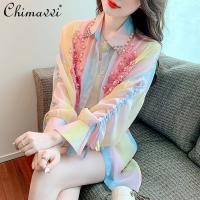 【CW】 2023 New Women 39;s Beaded Embroidery Mid length Shirts Loose Thin Drawstring Sleeve Protection Blouse