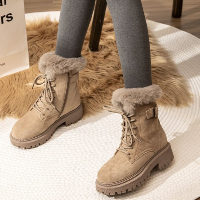 20212022 New Winter Women Boots Suede Leather Women Flat Platform Mid-Calf Boots Ladies Shoes Fashion Winter Plush Fur Warm Boots