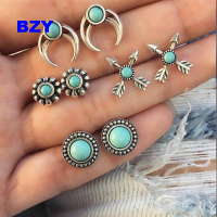 BZY 4 คู่/เซ็ต Boho Retro Totem เทอร์คอยส์ผู้หญิงสตั๊ดต่างหูชุด