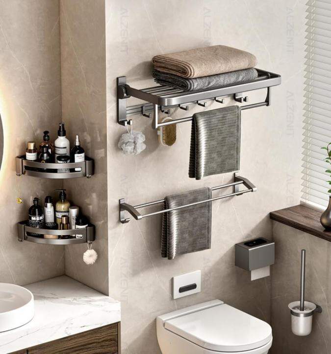 Non-drilling Foldable Towel Rack Gun Gray Basket Wall Mount Shelf Space  Aluminum Shower Rail Hanger With Movable Hook Bathroom Accessories | Lazada  Singapore