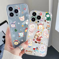 เคส TPU ใสสำหรับ iPhone 14 Plus 13 Pro Max 12 iPhone 11 XR 8 7 SE 2022 Merry Christmas น่ารักหมีกระต่ายขอบสี่เหลี่ยมรองรับการกระแทกฝาครอบป้องกันเต็มเลนส์