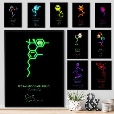 โมเลกุลนีออนเคมีนิโคติน THC DMT Adrenaline Line โปสเตอร์ภาพวาดผ้าใบ Wall Art ห้องนั่งเล่นตกแต่งบ้าน