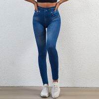 Jeggings กางเกงรัดรูปควบคุมหน้าท้องของเล้กกิ้งเอวสูงยีนส์กางเกงยีนส์ผู้หญิงกางเกงดินสอพิมพ์กางเกงรัดรูปไร้รอยต่อ