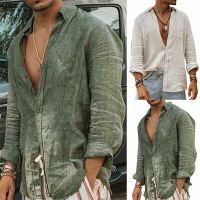 Men Cardigan Shirt Cotton Hemp Loose Long Sleeve Clothes Summer Button Leisure Top Solid Color Thin Coat New Casual Lapel Tops