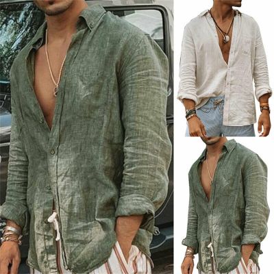 【Feb】 Men Cardigan Shirt Cotton Hemp Loose Long Sleeve Clothes Summer Button Leisure Top Solid Color Thin Coat New Casual Lapel Tops