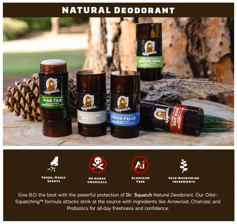 Dr. Squatch Natural Deodorant for Men – Odor-Squatching Men's Deodorant  Aluminum Free - Pine Tar + Birchwood Breeze (2.65 oz, 2 Pack)