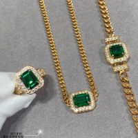 【lz】▼✹  2022 Ouro Amarelo Puro 925 Sterling Silver Jewelry Set Para As Mulheres Verde Emerald Diamond Setting Colar Pulseira Anel Jóias Set