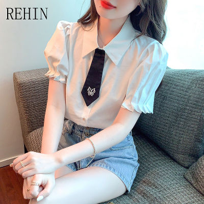 REHIN เสื้อเชิ้ตแขนสั้นสำหรับผู้หญิง,เสื้อแขนพองทรงหลวมเสื้อปกเสื้อเนคไทแฟชั่นสไตล์เกาหลีแบบใหม่ฤดูร้อน