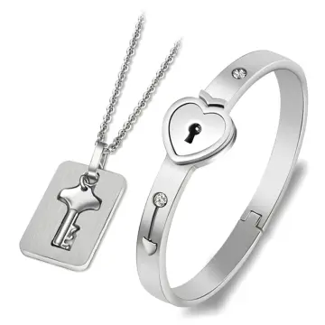 2Pcs Tone Stainless Steel Lover Heart Love Lock Bracelet with Lock Key  Bangles Kit Couple Gift