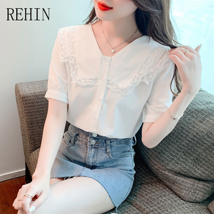 rehin-เสื้อสไตล์เกาหลีแบบใหม่แขนพองหวานสำหรับผู้หญิง-เสื้อแขนสั้นผ้าชีฟองทรงหลวมคอตุ๊กตาแฟชั่นฤดูร้อน