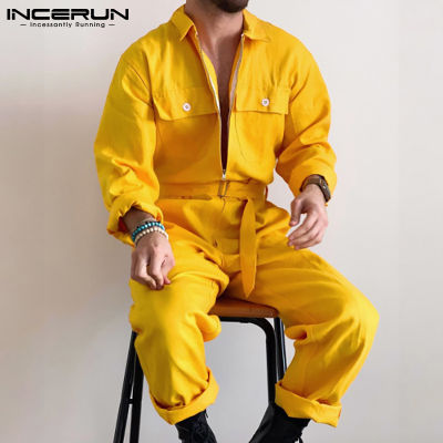 [Perfectly] Western สไตล์ INCERUN Mens แฟชั่นชุดเอี๊ยมสำหรับส่งของสบายๆทำงานกลางแจ้งจั๊มป์สูทเต็มตัวกางเกงขายาวทรงหลวม