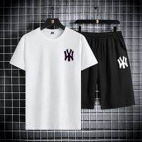 【hot seller】 short-sleeved T-shirt sports suit mens Korean version slim print thin fashion two-piece