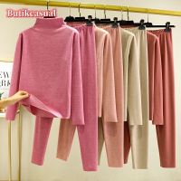 COD SDFGDERGRER Ready Stock Women cashmere thermal underwear top set Plain Loose Casual Lounge wear Pajamas Set Half height collar long Sleeve t shirt legging Korean Sleepwear Suit