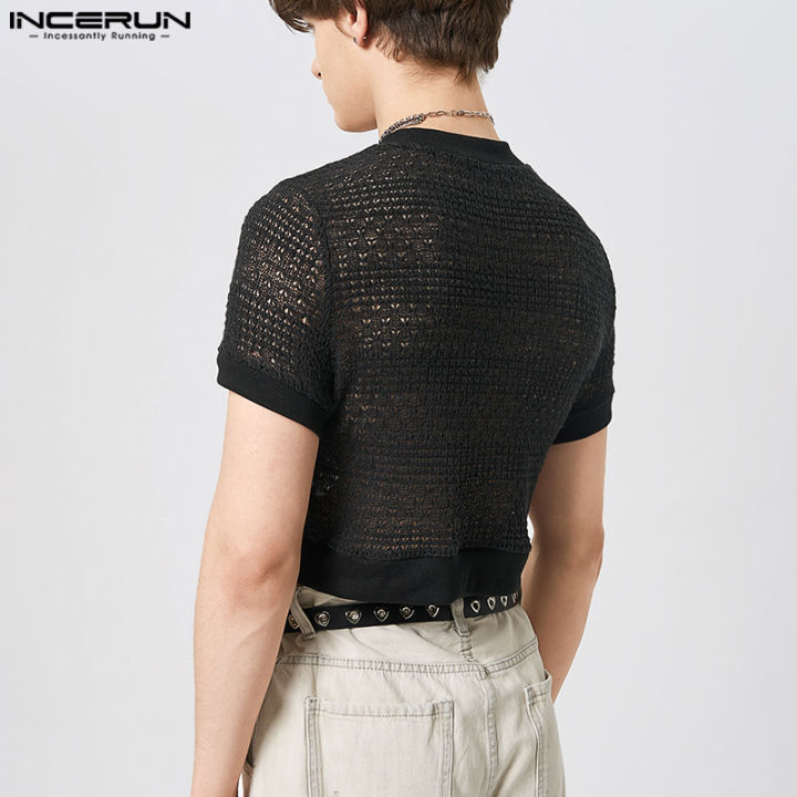 incerun-เสื้อครอปสำหรับผู้ชาย-เสื้อยืดหลวมลำลอง