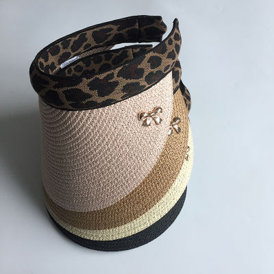 [hot]Beach Vacation Womans Sun Hats Leopard Bowknot Visor Caps Hand Made DIY Straw Female Summer Cap Casual Shade Hat Empty Top Hat