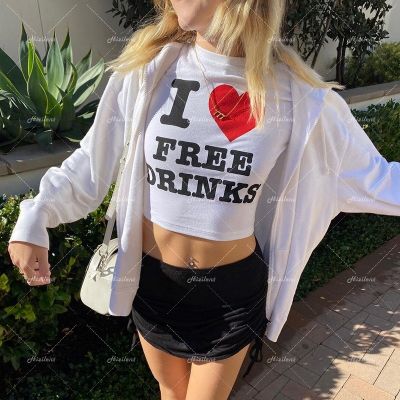 [COD] I love free drinks letter print navel short-sleeved European and style top ins street sexy