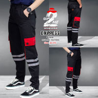 กางเกงขายาว รุ่น EXPRESS (สีดำ-แดง) ทรงกระบอกเล็ก คาดแถบสะท้อนแสง 3M เส้นคู่ กระเป๋าข้างกล่อง กระดุมทองมีไซส์ เอว 26-48 นิ้ว (SS-5XL)