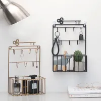 【YF】 Wall Racks Iron Storage Holder Keys Hook Hanging Basket Bedroom Living Room Decorative Grid Wire Display Shelf Kitchen Organizer