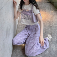 QWEEK Pijama Lounge Set Woman 2 Pieces Kawaii Pajamas Room Wear Female Sets with Pants Plaid Floral Print Purple Summer Pyjamas