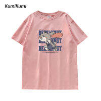 KUMI เสื้อผู้หญิงแขนสั้นลายตัวอักษรกระต่ายการ์ตูนเกาหลี,เสื้อลำลอง