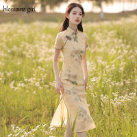 ดอกไม้ Qipao ผู้หญิงแบบดั้งเดิมจีน Cheongsam ชุด Vestido พิมพ์คอแขนสั้น Elegant R Plus Size