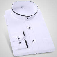 Mens Casual Standard-Fit Long-Sleeve Band-Collar Shirt Single Patch Pocket Elegant Fashion White Work Office Basic Dress Shirts