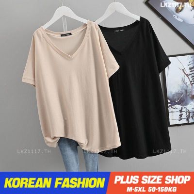 Plus size เสื้อผ้าสาวอวบ❤ เสื้อยืดสาวอวบอ้วน ไซส์ใหญ่ ผู้หญิง เสื้อยืด oversize ทรงหลวม แขนสั้น คอวี สีพื้น ฤดูร้อน สไตล์เกาหลีแฟชั่น V728