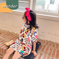 WANDER ชุดเดรสเด็กผู้หญิง เสื้อยืดแขนสั้นเด็กหญิง พิมพ์ลายการ์ตูนแฟชั่น กระโปรงทรงหลวมสไตล์เกาหลีความยาวปานกลางผ้าฝ้ายแท้23721