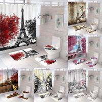 4Pcs Eiffel Tower Shower Curtain Set Non-Slip Rug Toilet Lid Cover Bath Mat Flower Butterfly Waterproof Fabric Bathroom Curtains