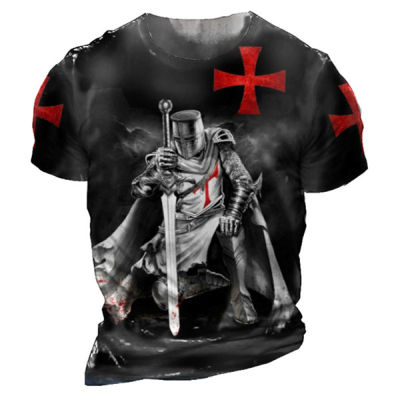 วินเทจผู้ชายเสื้อยืดอัศวิน Templar พิมพ์เสื้อยืดสำหรับผู้ชายฤดูร้อนขนาดใหญ่ท็อปส์แขนสั้นประเดิมสบายๆ O-คอผู้ชายเสื้อผ้า
