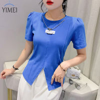 YIMEI เสื้อยืดเสื้อยืดคอกลมสายโซ่สั้นสำหรับผู้หญิง,เสื้อยืดสตรีผ้าคอตตอนผ่า2023สำหรับฤดูร้อน