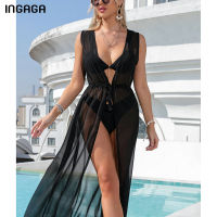 INGAGA Black Beach Tunic Women y Mesh Beach Cover Up  New Beach Outing Womens Swimsuit Solid Dress Beachwear Knotted