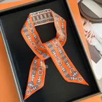 ☍ 2023 Silk Scarf Women Luxury Chain Print Bag Skinny Scarves Wraps Wrist Towel Foulards Neckerchief Headband Muslim Hijabs