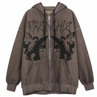 【cw】 Print Hoodies Punk Sleeve Zip Up Hip Hop Outwear 2022 Hooded Jacket Y2k